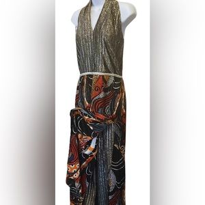 VINTAGE ‘70s Sz 12 Modern 8 Halter Dress/Pants Psychedelic/Silver DISCO-FABULOUS